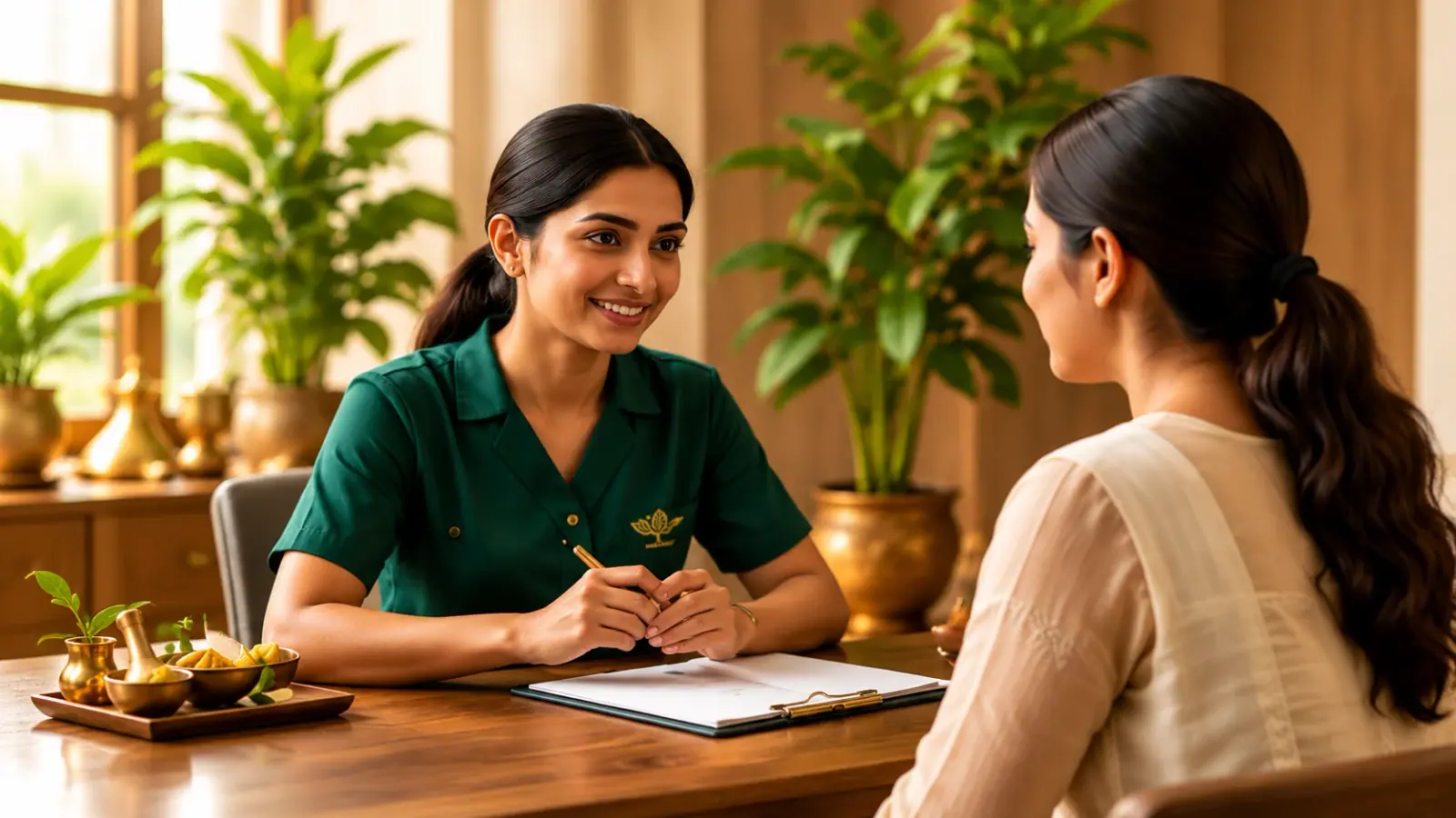Ayurvedic doctor consulting patient in clinic