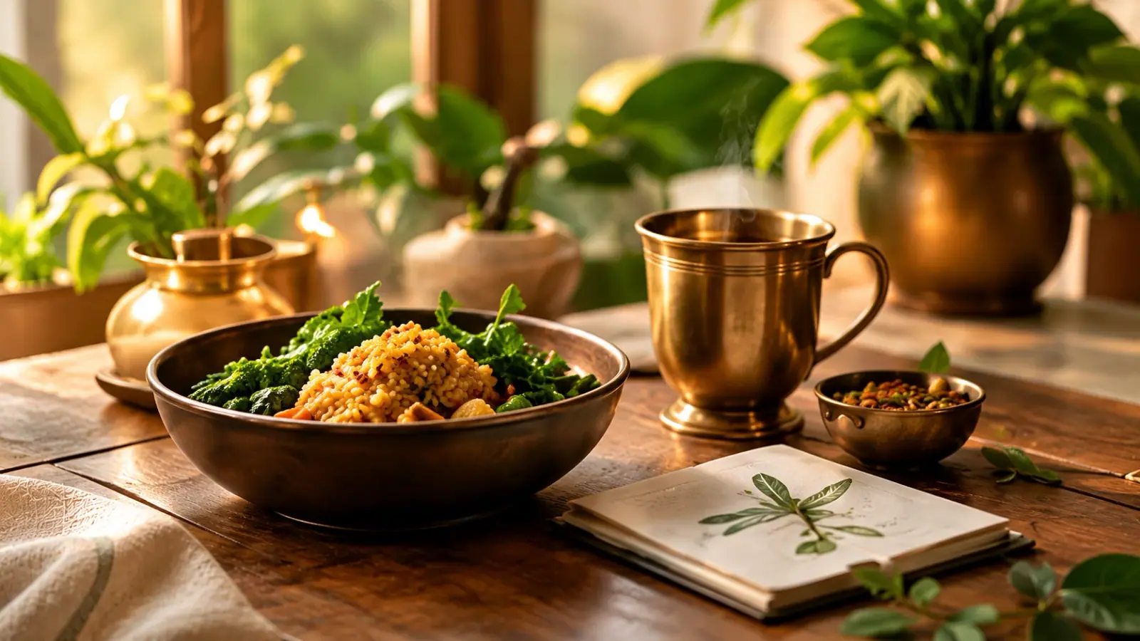 Nutritious Ayurvedic herbal meal, traditional brass cup, and medicinal herbs