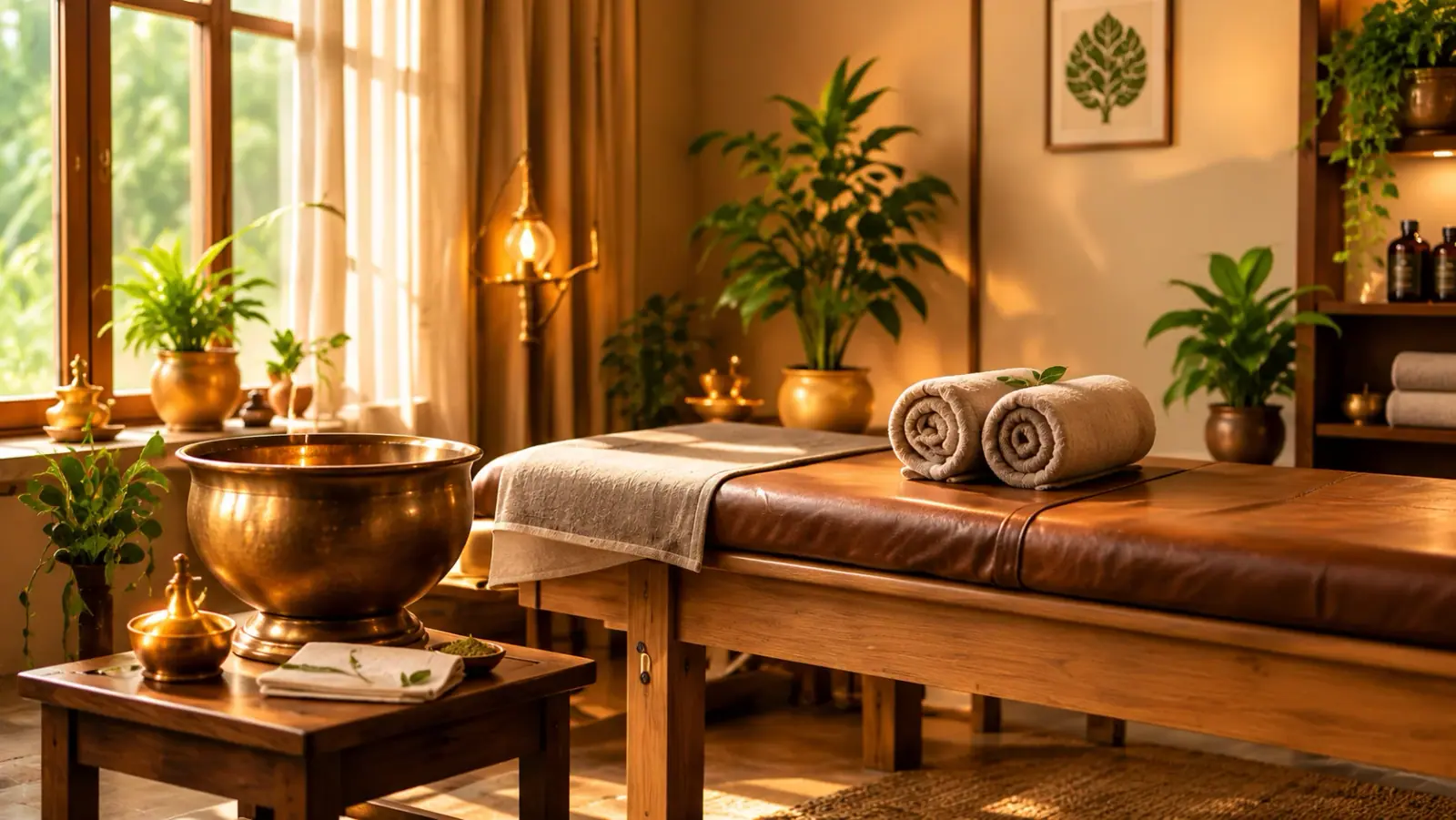 Serene Ayurvedic clinic therapy bed prepared with traditional brass singing bowls