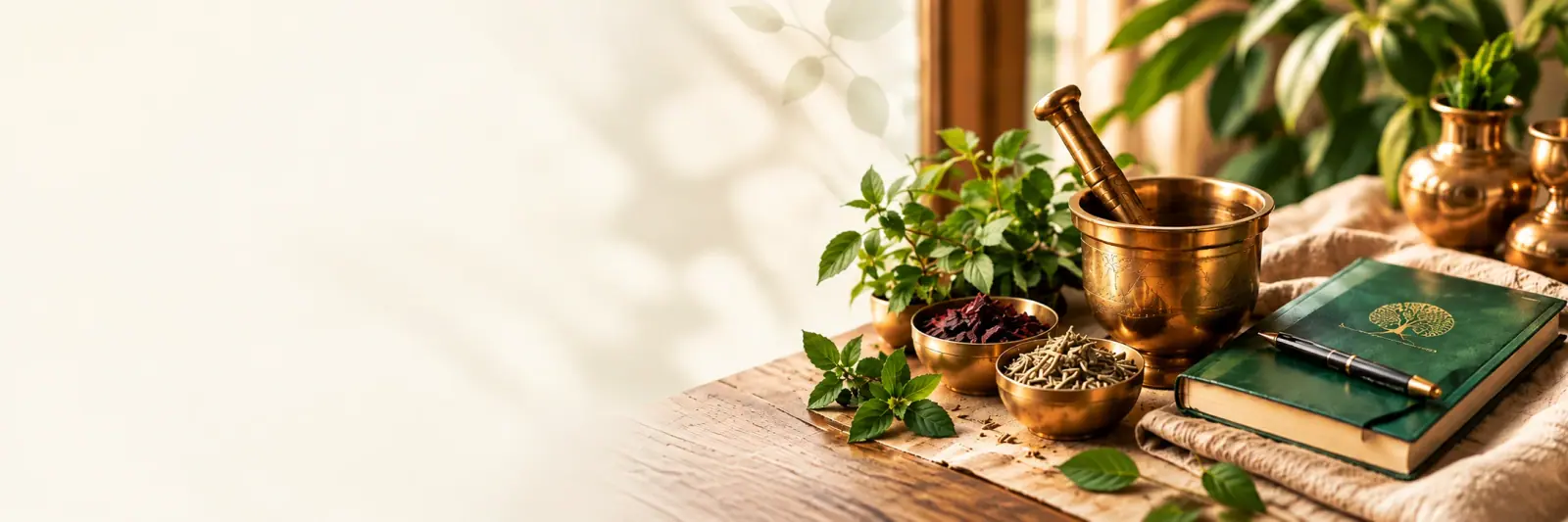 The Vaidhyashala Health Journal - Ayurveda herbs, brass mortar, pestle, and journal