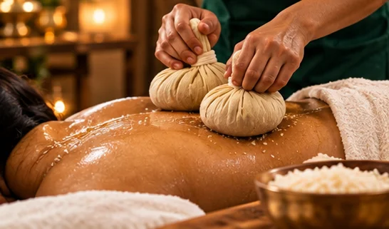 Shashtika Shali Pinda Sweda - Cooked medicinal rice bolus massage