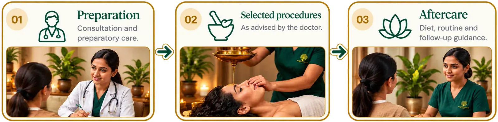 Understanding Panchakarma: 01 Preparation, 02 Selected procedures, 03 Aftercare
